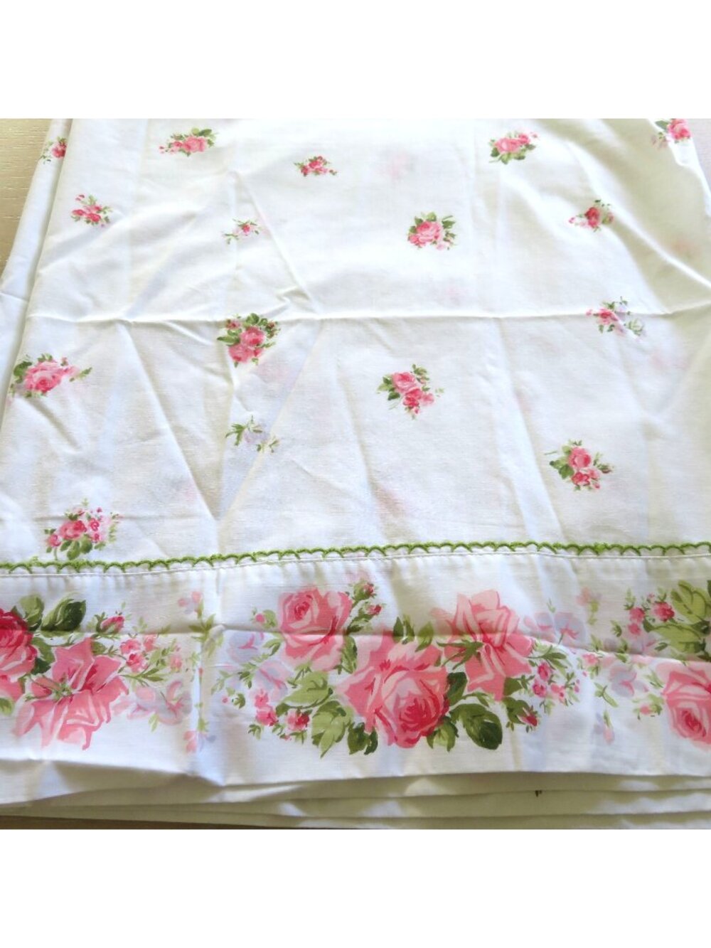 Vintage Springmaid Full Flat Sheet Floral Pink Roses Green Trim Percale Cottage